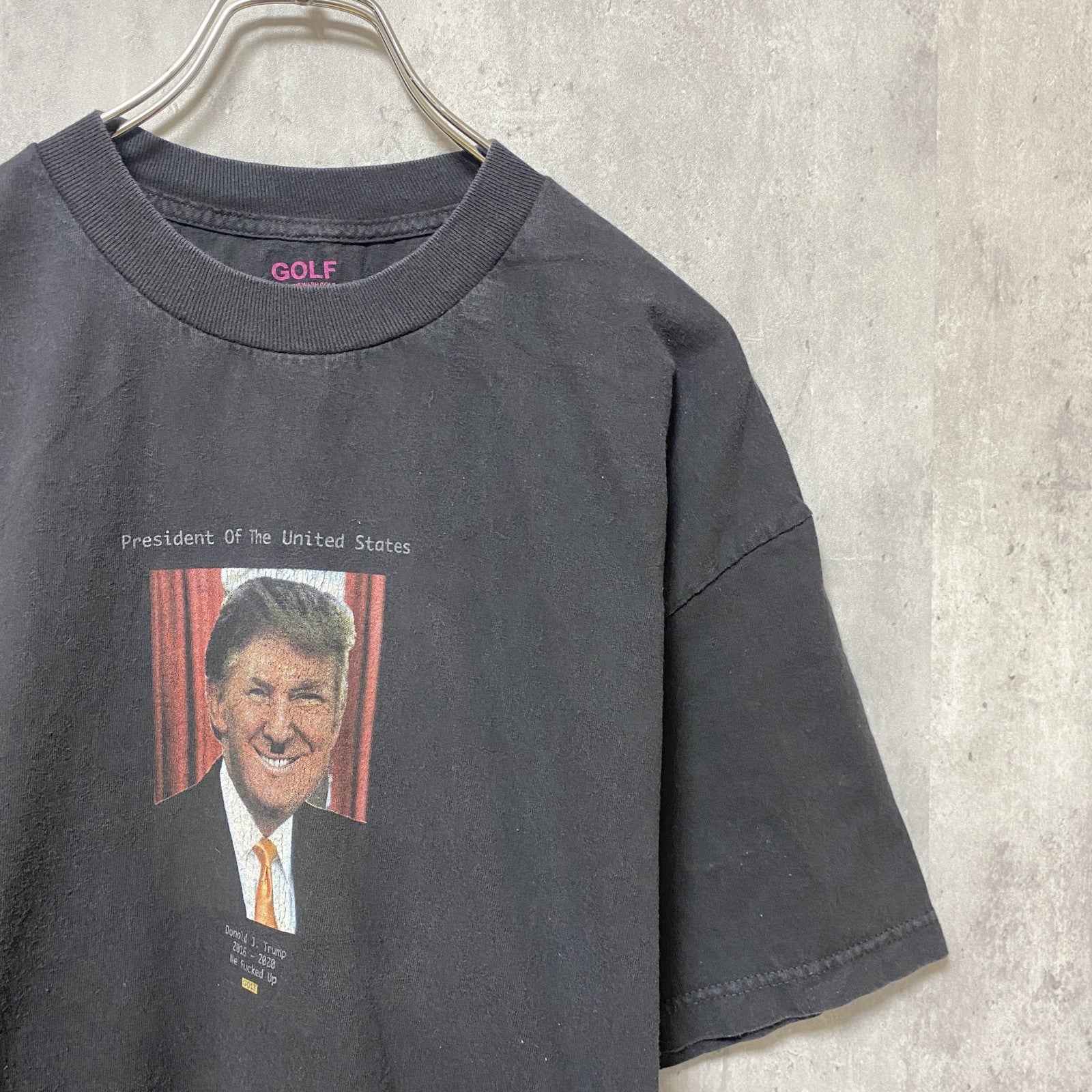 古着 used　ドナルド・トランプ　半袖グラフィックプリントTシャツ　黒　ブラック　アメカジ　レトロ　デザイン　個性的　クルーネック　春夏服　メンズ　レディース