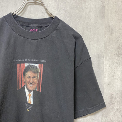 古着 used　ドナルド・トランプ　半袖グラフィックプリントTシャツ　黒　ブラック　アメカジ　レトロ　デザイン　個性的　クルーネック　春夏服　メンズ　レディース