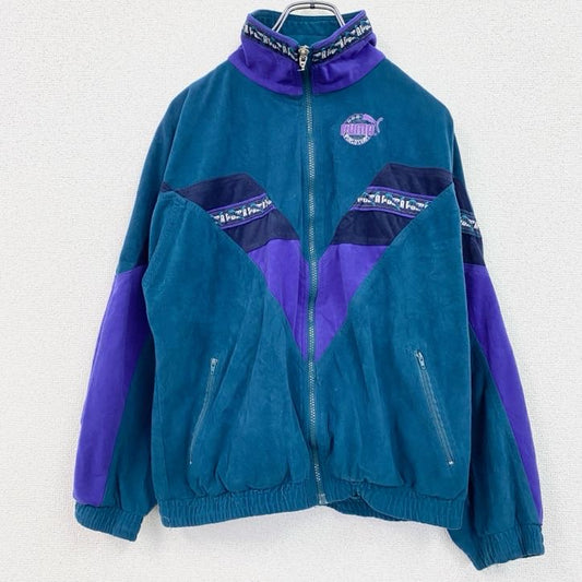 古着 used　～90s　PUMA　プーマ　長袖ベロアジャージ　ワンポイントロゴ刺繍　緑　グリーン　紫　パープル　150サイズ　