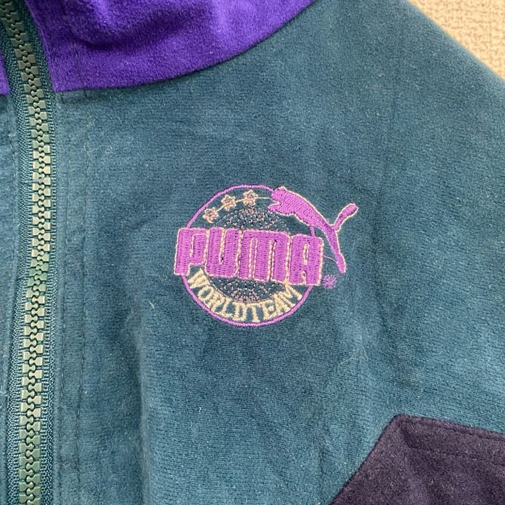 古着 used　～90s　PUMA　プーマ　長袖ベロアジャージ　ワンポイントロゴ刺繍　緑　グリーン　紫　パープル　150サイズ　