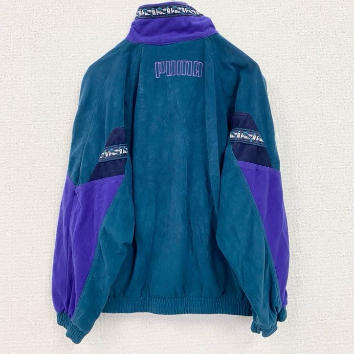 古着 used　～90s　PUMA　プーマ　長袖ベロアジャージ　ワンポイントロゴ刺繍　緑　グリーン　紫　パープル　150サイズ　