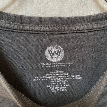 古着 used　WEST WORLD　海外SFドラマ　半袖プリントTシャツ　黒　レトロ　デザイン　個性的　クルーネック　Lサイズ