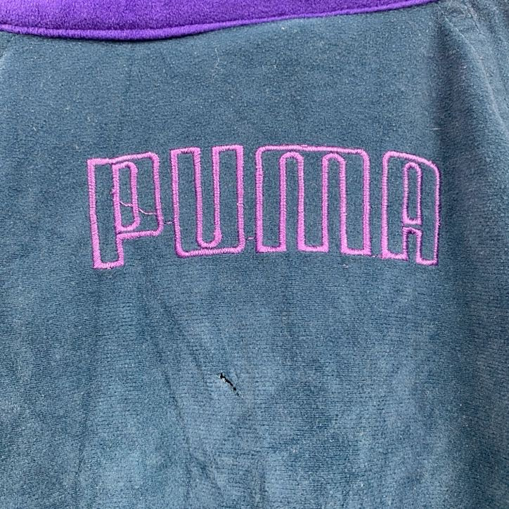 古着 used　～90s　PUMA　プーマ　長袖ベロアジャージ　ワンポイントロゴ刺繍　緑　グリーン　紫　パープル　150サイズ　