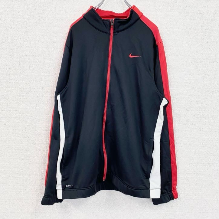 古着 used　NIKE　ナイキ　長袖トラックジャケット　スポーツ　DRI-FIT　ジャージ　ロゴ刺繍　黒　ブラック　XLサイズ