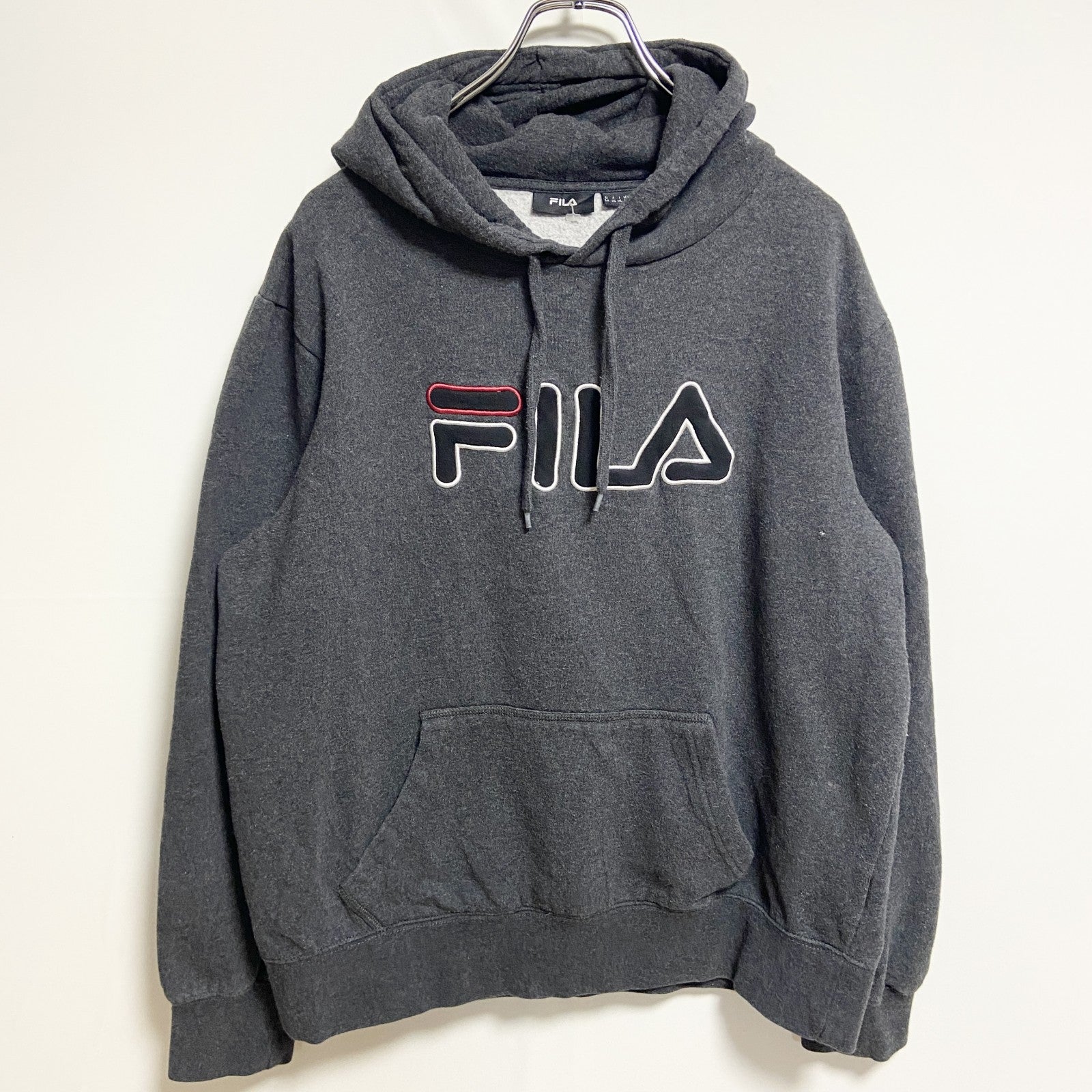 FILA　フィラ　スウェットパーカー/フーディー　デカロゴ　ワッペン　ダークグレー　XLサイズ
