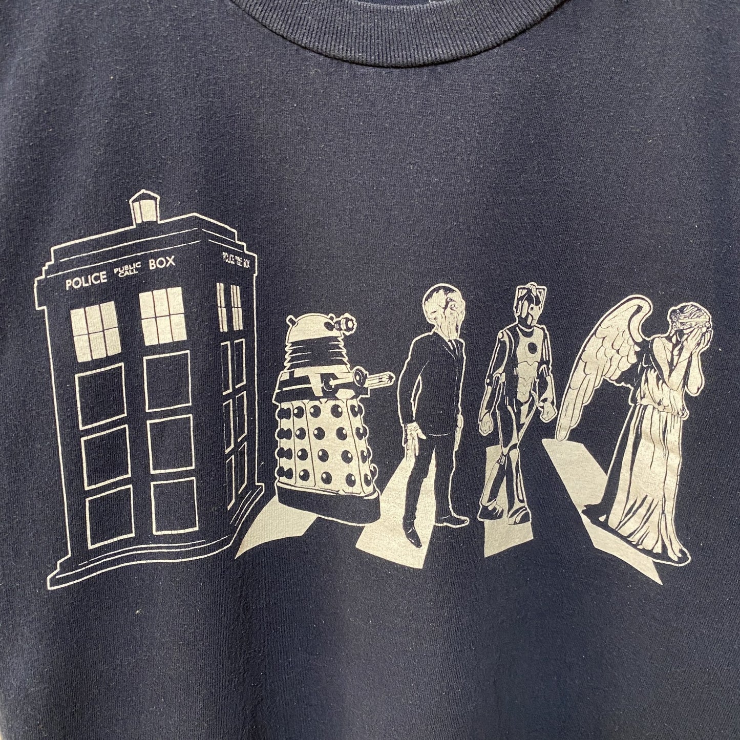 古着 used　BEATLESパロディ　半袖プリントTシャツ　ネイビー　紺　レトロデザイン　個性的　クルーネック　Lサイズ