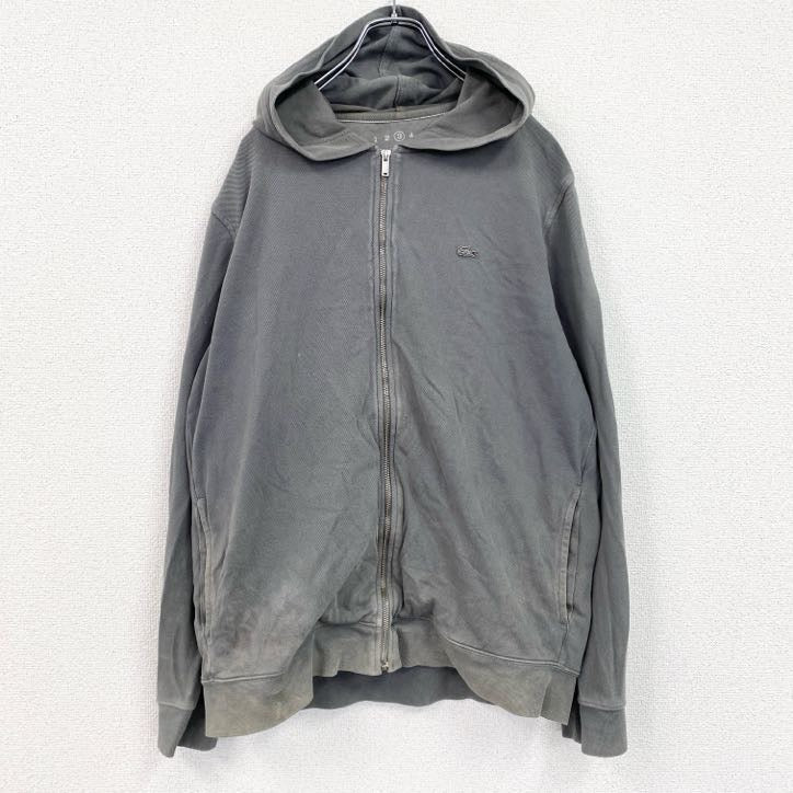 古着 used　LACOSTE　EARNEST SWEWN　ラコステ　長袖フードパーカー　レトロデザイン　フルジップ　グレー　灰　