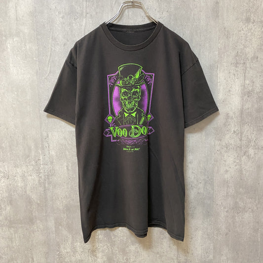 古着 used　ブードゥ教　Voo Doo　半袖プリントTシャツ　スカル　ドクロ柄　黒　ブラック　レトロデザイン　クルーネック