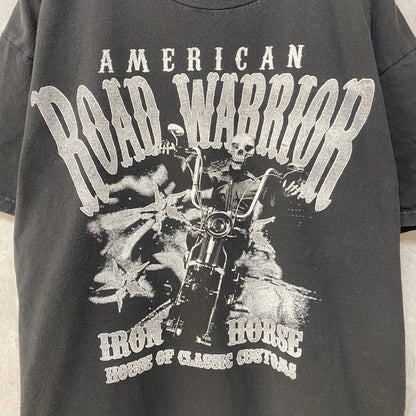 古着 used　半袖プリントTシャツ　アメリカンバイク　スカル　ドクロ柄　ROAD WARRIOR　黒　ブラック　レトロデザイン