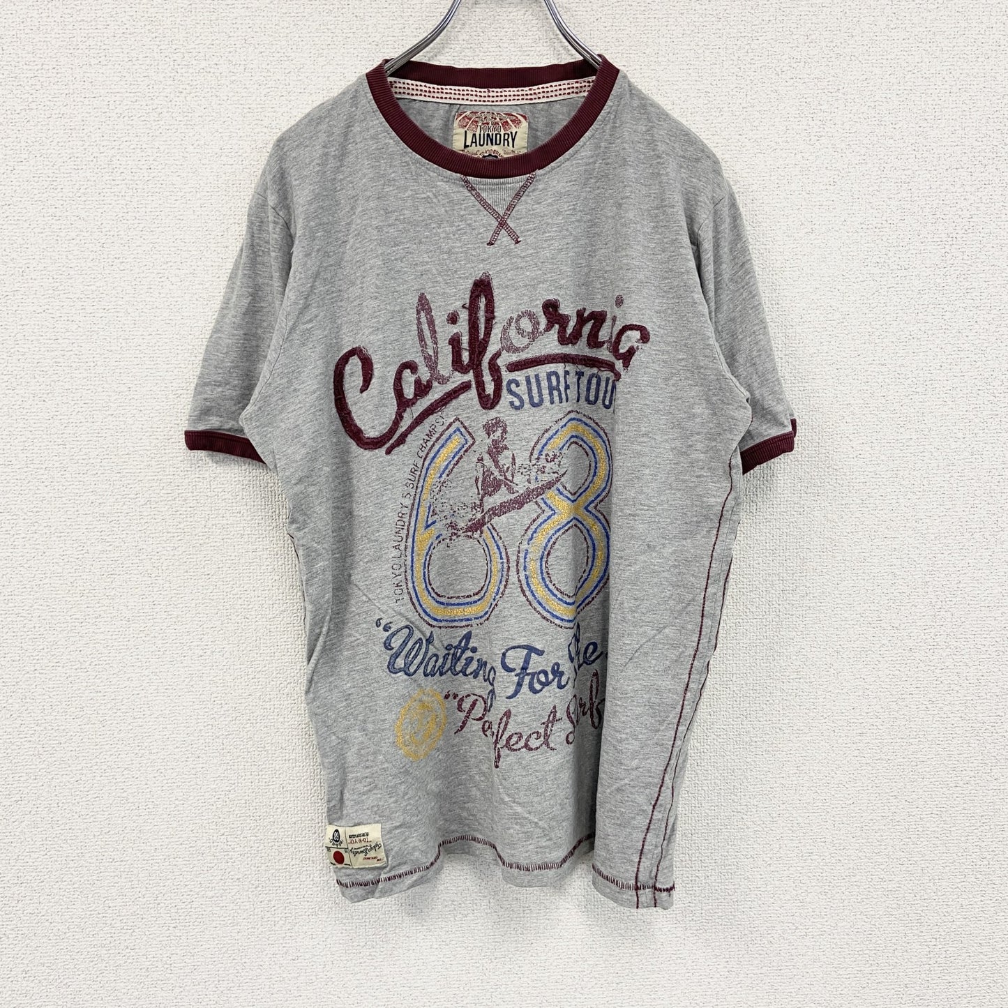 LAUNDRY　半袖リンガーTシャツ　シングルステッチ　前V　灰色　グレー　Lサイズ