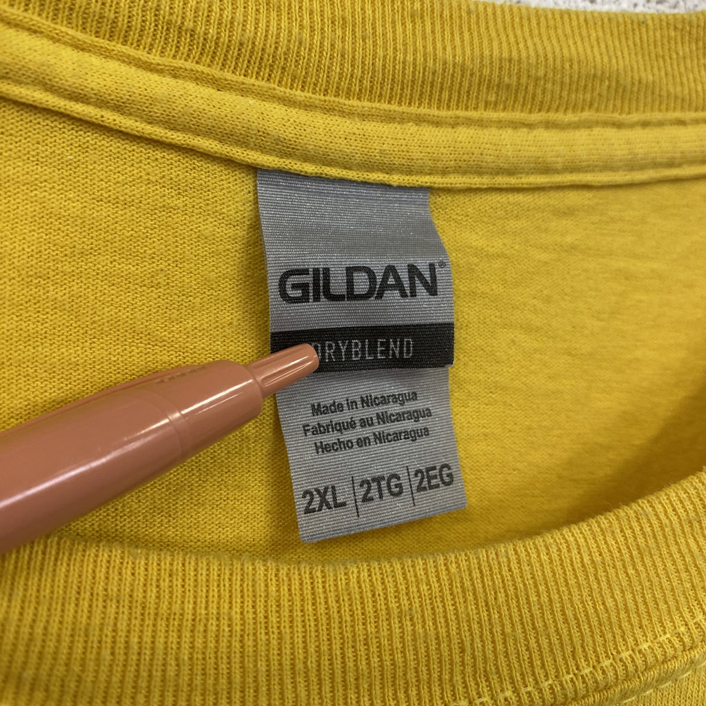 古着 used　GILDAN　ギルダン　半袖カレッジプリントTシャツ　ルトゥーノー大学　バレーボール　黄色　2XLサイズ