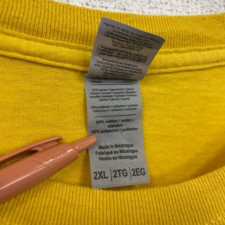 古着 used　GILDAN　ギルダン　半袖カレッジプリントTシャツ　ルトゥーノー大学　バレーボール　黄色　2XLサイズ