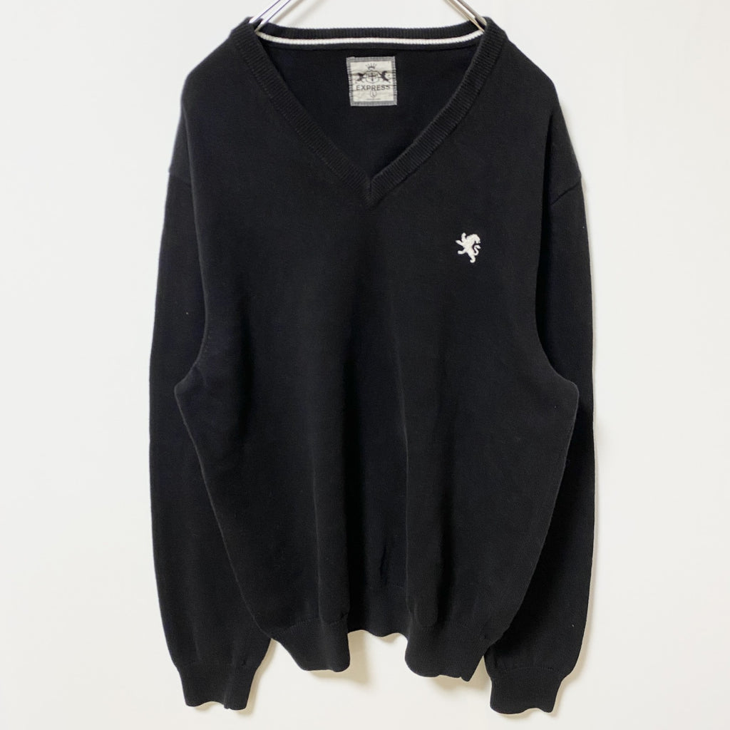 古着 used　EXPRESS　長袖Vネックニット　セーター　ワンポイントロゴ刺繍　黒　ブラック　秋冬服　Lサイズ