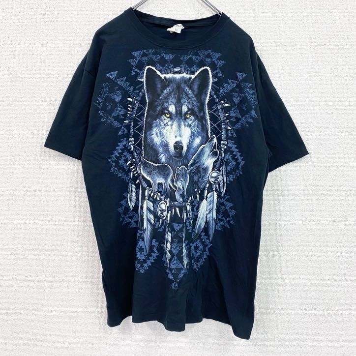 古着 used　FRUIT OF OF THE LOOＭ　半袖アニマルプリントTシャツ　狼　クルーネック　黒　ブラック　Lサイズ