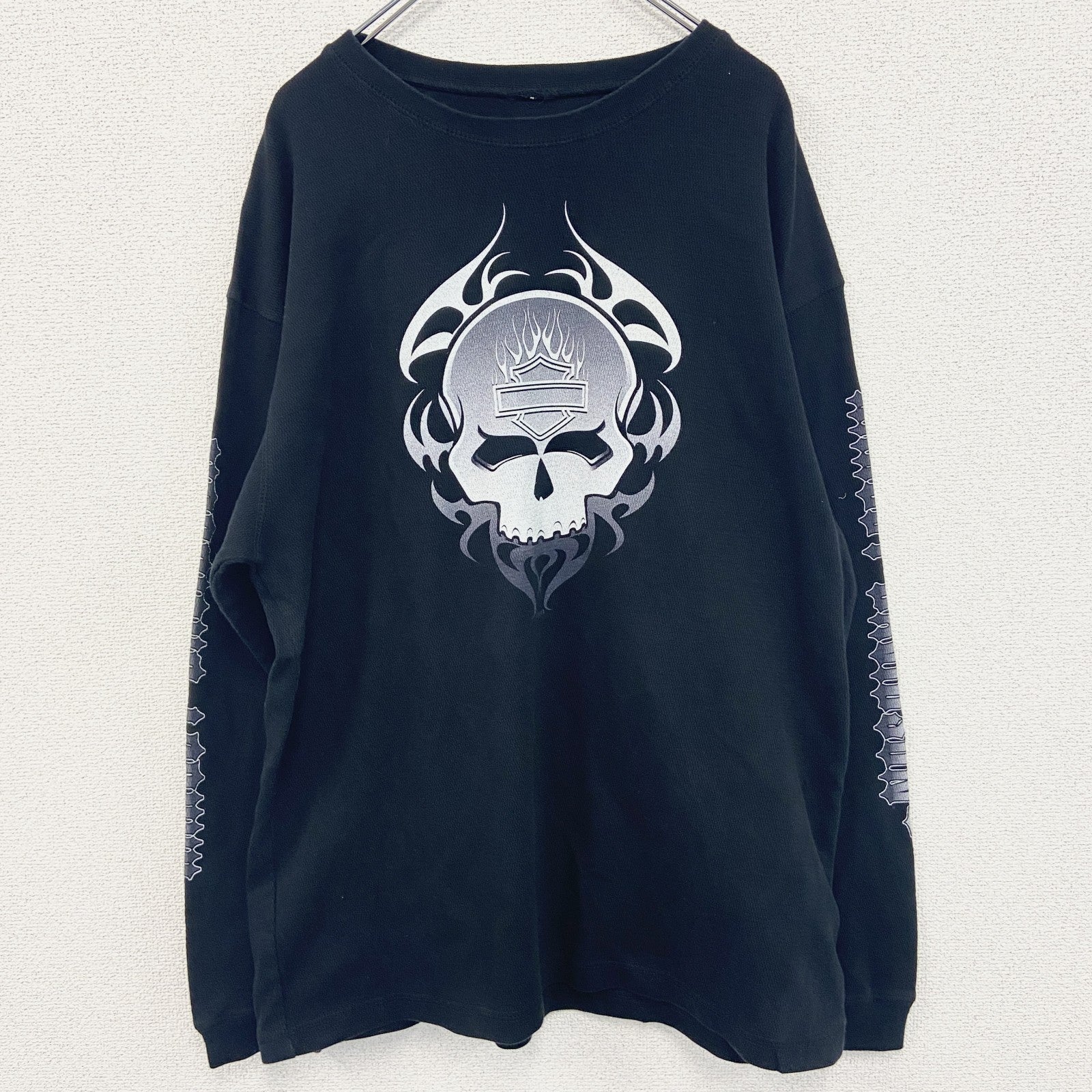 古着 used　HARLEY DAVIDSON　ハーレーダビッドソン　長袖Tシャツ　ドクロ　ファイヤーパターン　黒　ブラック