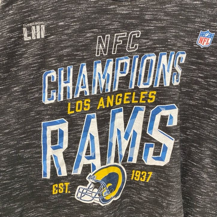 古着 used　NFL　半袖プリントTシャツ　ラムズ　アメフト　ロサンゼルス　NFCチャンピオンズ　グレー　XLサイズ