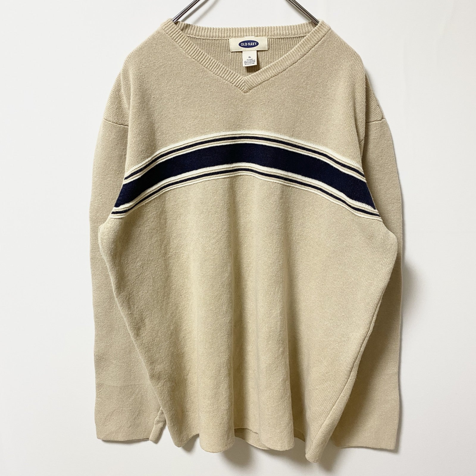 古着 used　OLD NAVY　オールドネイビー　長袖Vネックニット　セーター　ライン　ベージュ　オーバーサイズ　XLサイズ