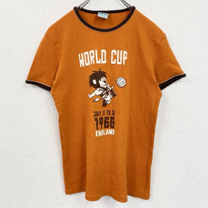 古着 used　Logoshirt　半袖プリントリンガーTシャツ　イギリスワールドカップ　ライオン　サッカー　オレンジ