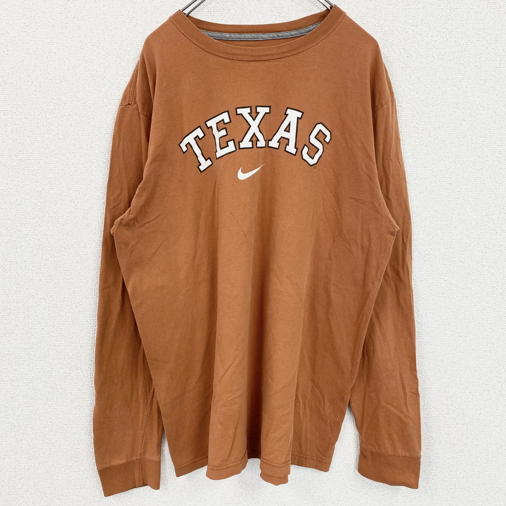 古着 used　NIKE　ナイキ　長袖カレッジプリントTシャツ　クルーネックロンT　テキサス大学　ライトブラウン　XLサイズ