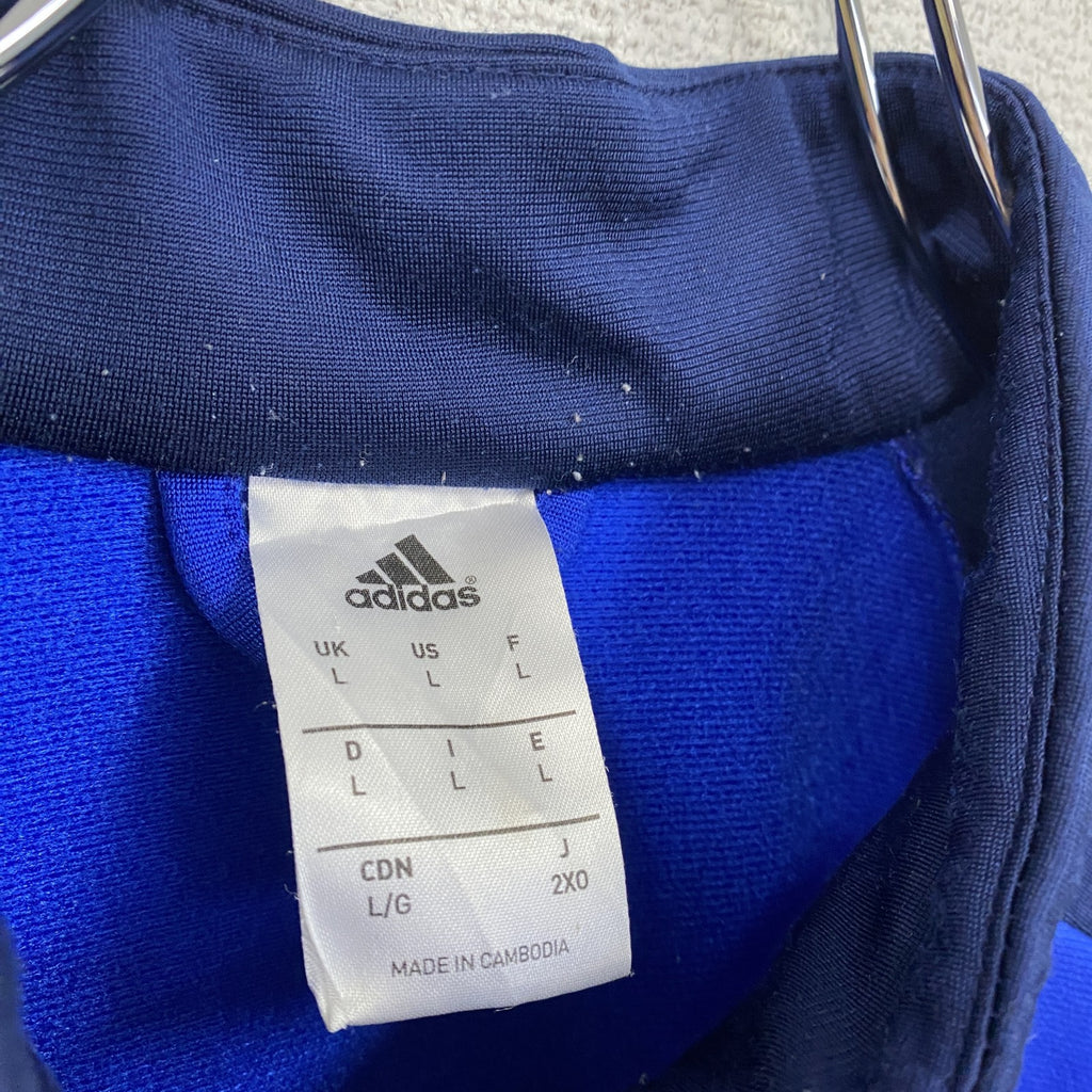 古着 used　adidas　アディダス　長袖トラックジャケット　スリーストライプス　サッカー　ジャージ　ロゴ刺繍　青　Lサイズ
