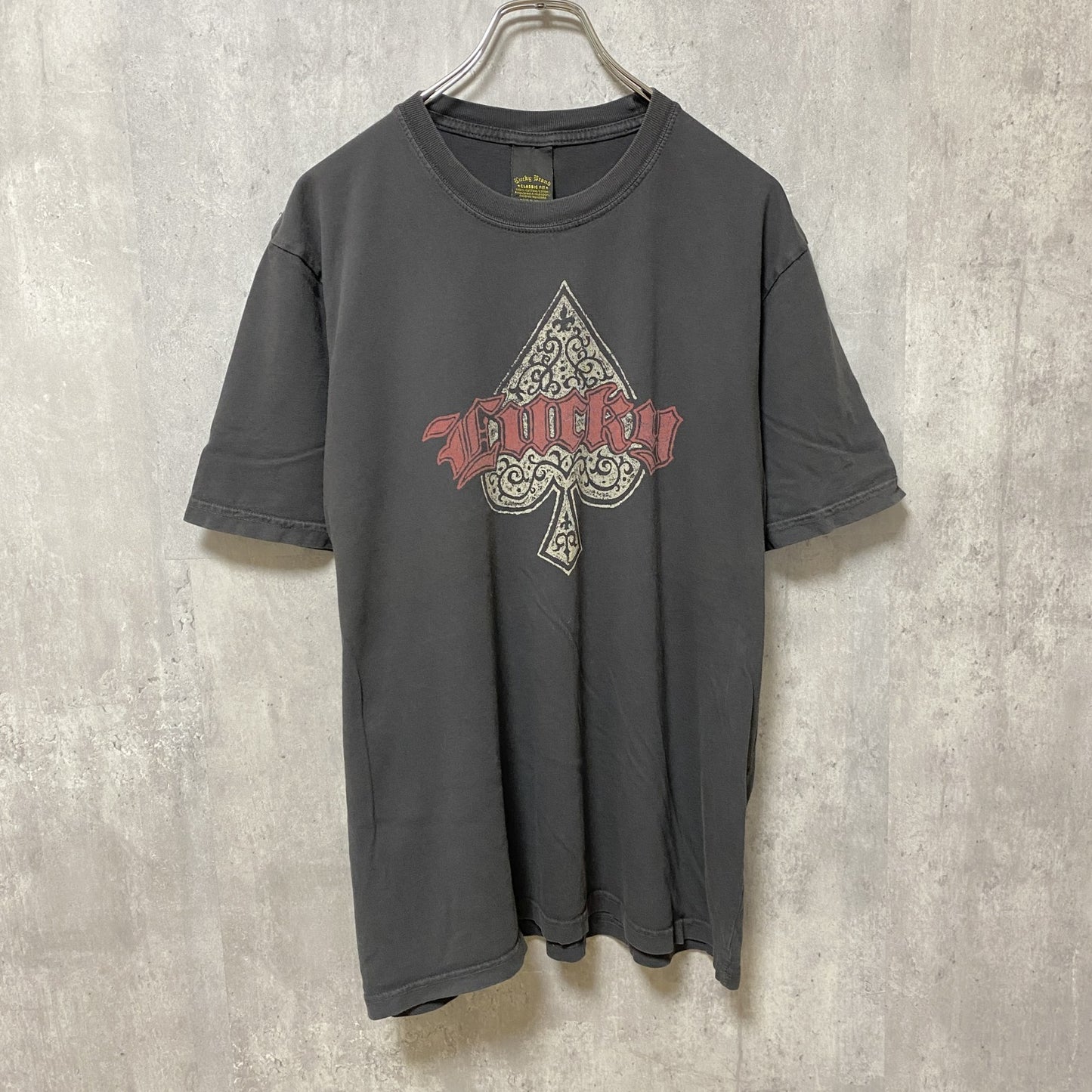 古着 used　Lucky Brand　半袖プリントTシャツ　フェード感　黒　レトロデザイン　個性的　クルーネック　Lサイズ