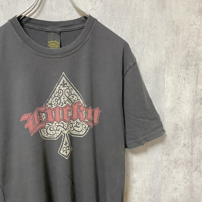 古着 used　Lucky Brand　半袖プリントTシャツ　フェード感　黒　レトロデザイン　個性的　クルーネック　Lサイズ
