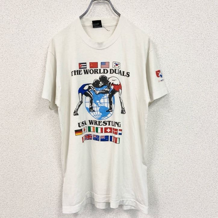 80s　半袖プリントTシャツ　シングルステッチ　レスリング　USA製　白　ホワイト　Lサイズ