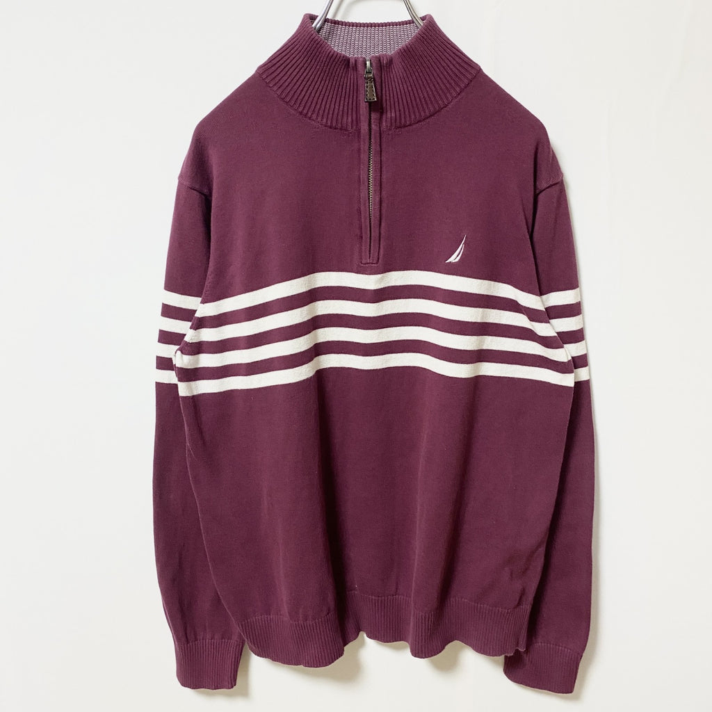 古着 used　NAUTICA ノーティカ　長袖ハーフジップニット　セーター　ライン　ハイネック　ワインレッド　Lサイズ
