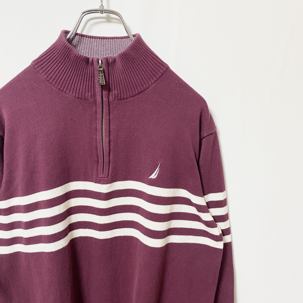古着 used　NAUTICA ノーティカ　長袖ハーフジップニット　セーター　ライン　ハイネック　ワインレッド　Lサイズ