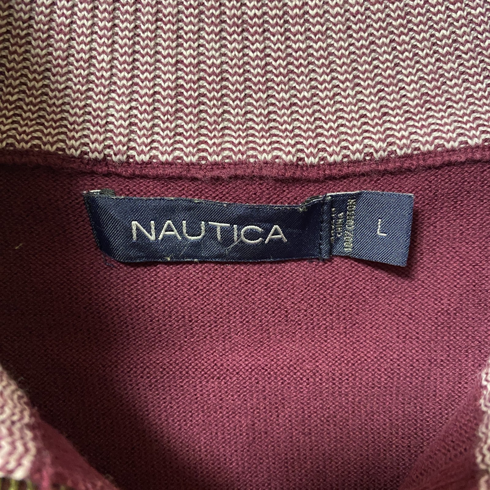 古着 used　NAUTICA ノーティカ　長袖ハーフジップニット　セーター　ライン　ハイネック　ワインレッド　Lサイズ
