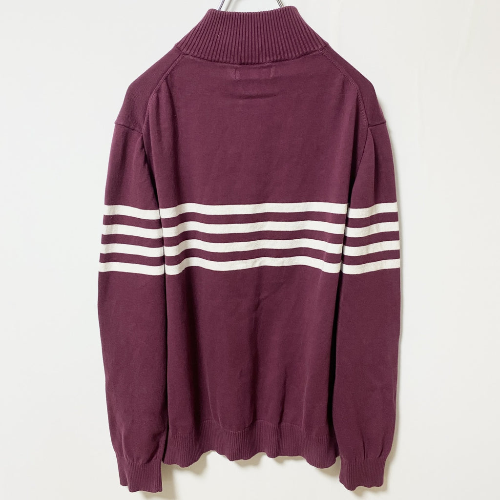 古着 used　NAUTICA ノーティカ　長袖ハーフジップニット　セーター　ライン　ハイネック　ワインレッド　Lサイズ