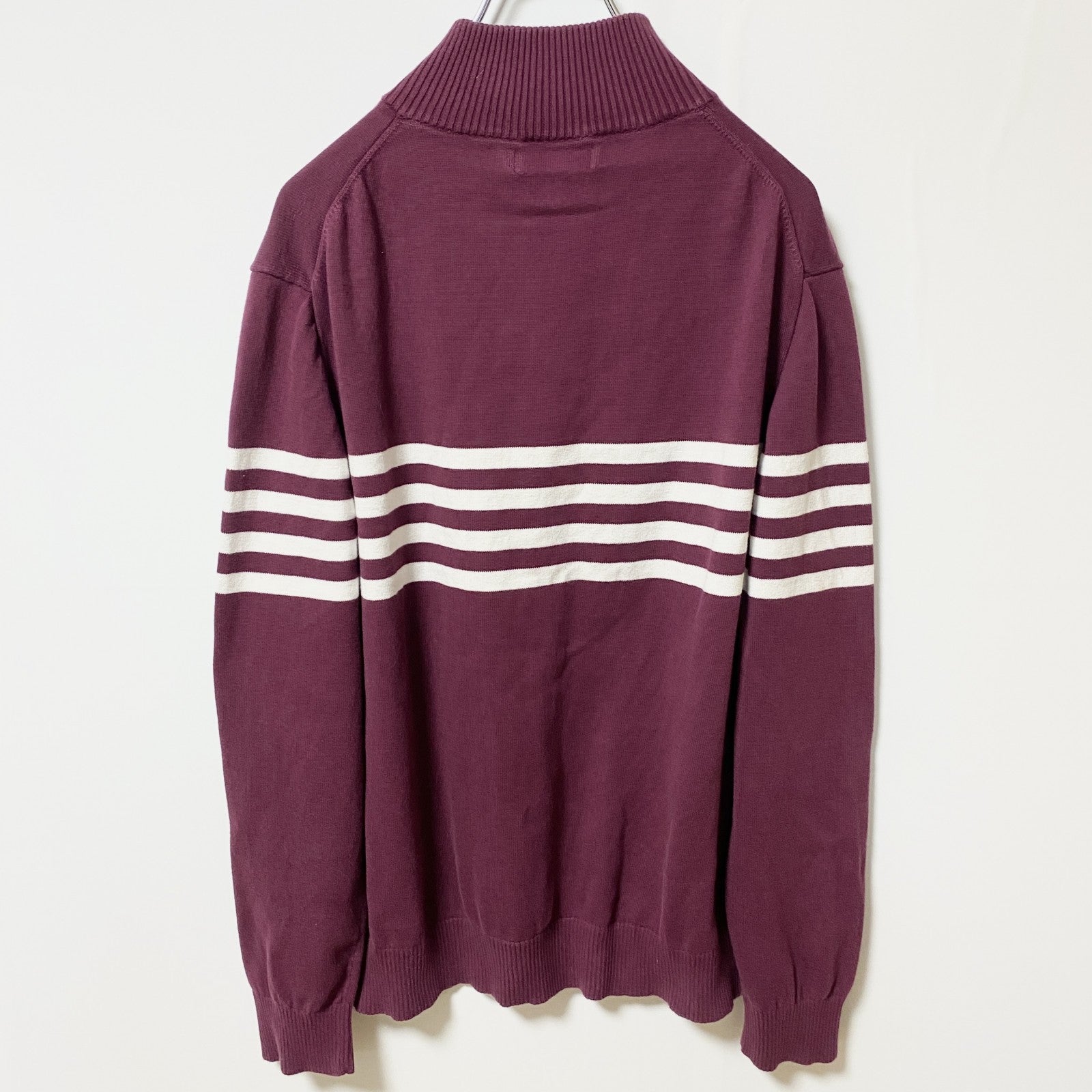 古着 used　NAUTICA ノーティカ　長袖ハーフジップニット　セーター　ライン　ハイネック　ワインレッド　Lサイズ