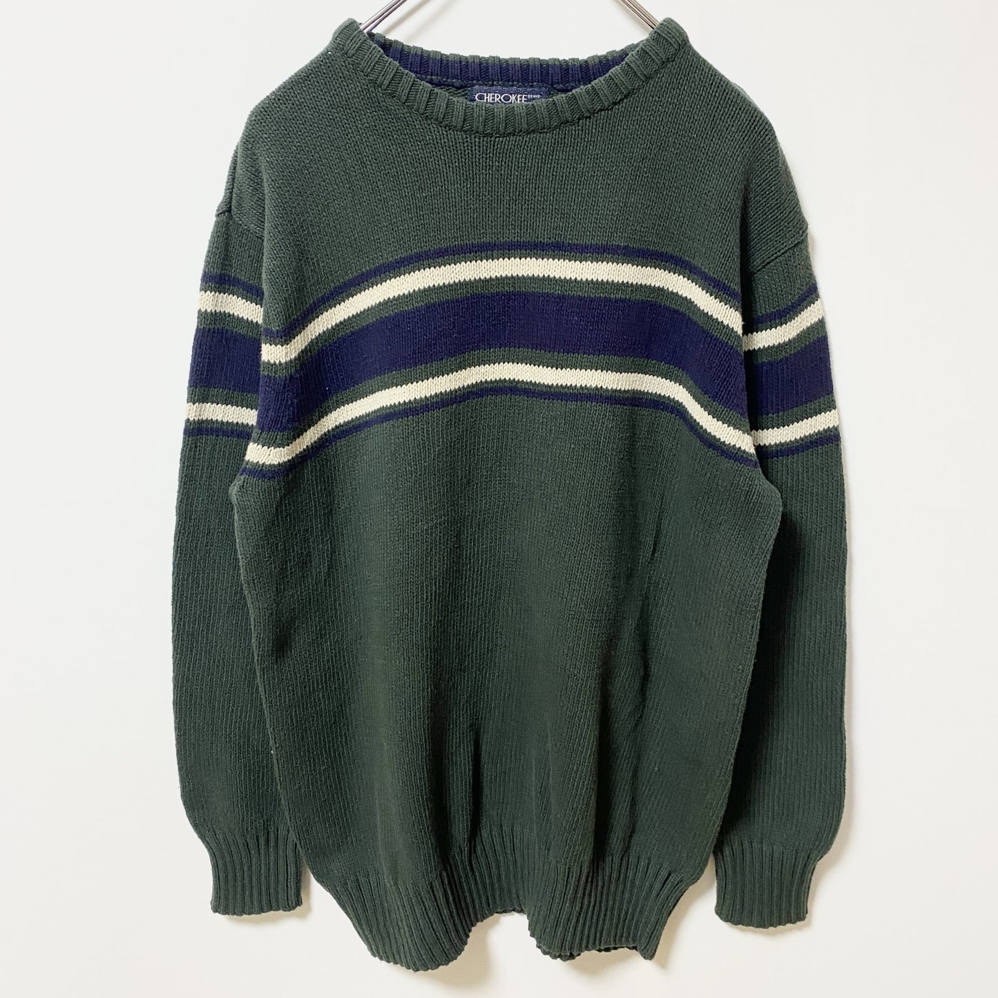 古着 used　CHEROKEE　チェロキー　長袖クルーネックニット　セーター　ラインデザイン　緑　グリーン　秋冬服　Lサイズ