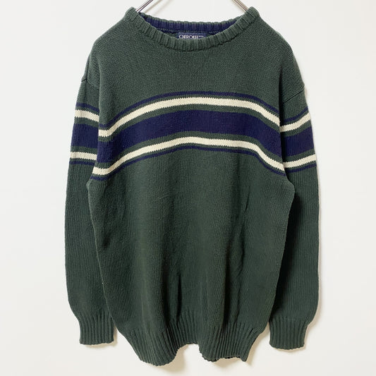 古着 used　CHEROKEE　チェロキー　長袖クルーネックニット　セーター　ラインデザイン　緑　グリーン　秋冬服　Lサイズ