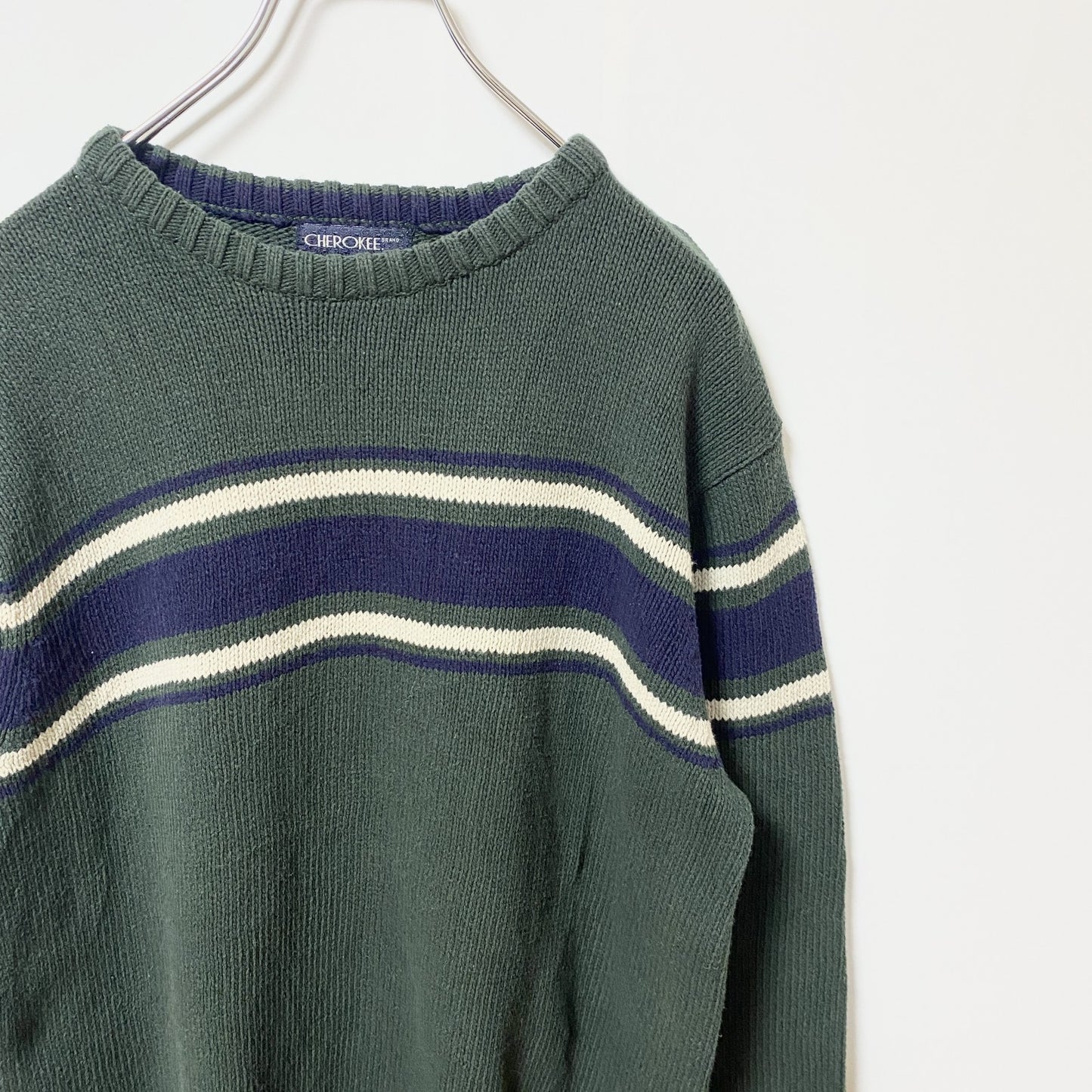 古着 used　CHEROKEE　チェロキー　長袖クルーネックニット　セーター　ラインデザイン　緑　グリーン　秋冬服　Lサイズ
