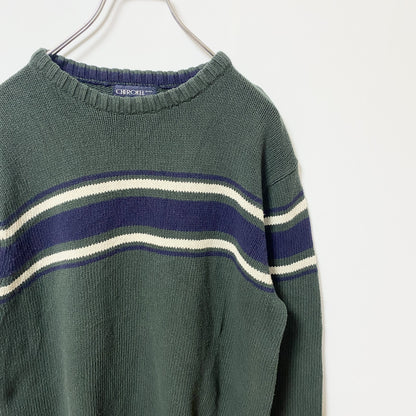 古着 used　CHEROKEE　チェロキー　長袖クルーネックニット　セーター　ラインデザイン　緑　グリーン　秋冬服　Lサイズ
