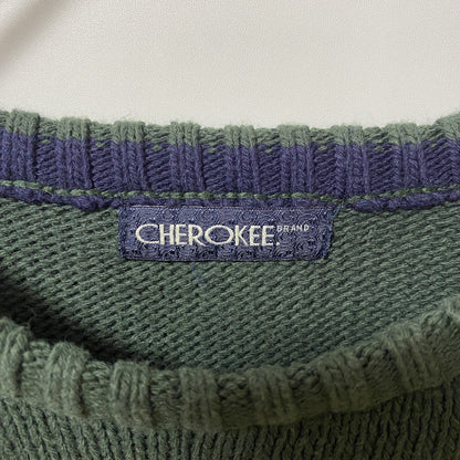 古着 used　CHEROKEE　チェロキー　長袖クルーネックニット　セーター　ラインデザイン　緑　グリーン　秋冬服　Lサイズ