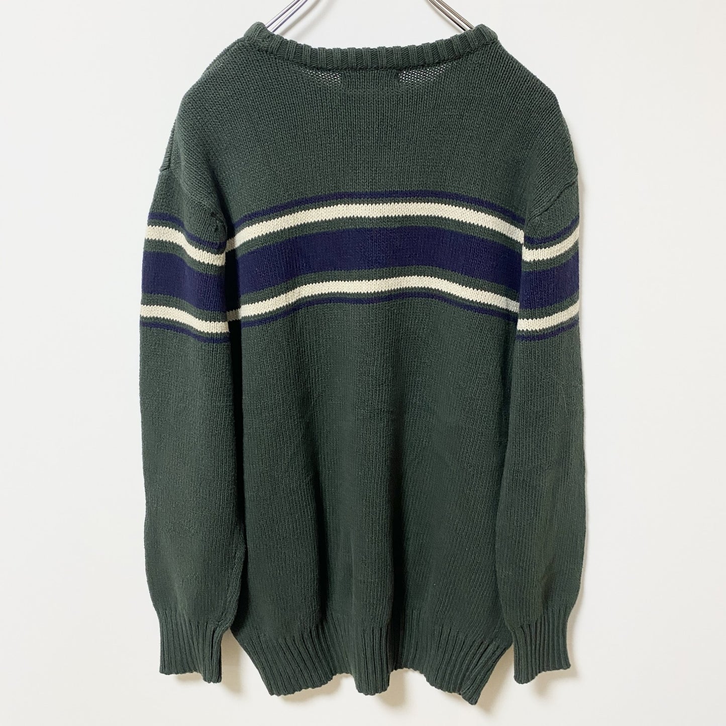 古着 used　CHEROKEE　チェロキー　長袖クルーネックニット　セーター　ラインデザイン　緑　グリーン　秋冬服　Lサイズ