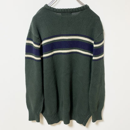 古着 used　CHEROKEE　チェロキー　長袖クルーネックニット　セーター　ラインデザイン　緑　グリーン　秋冬服　Lサイズ