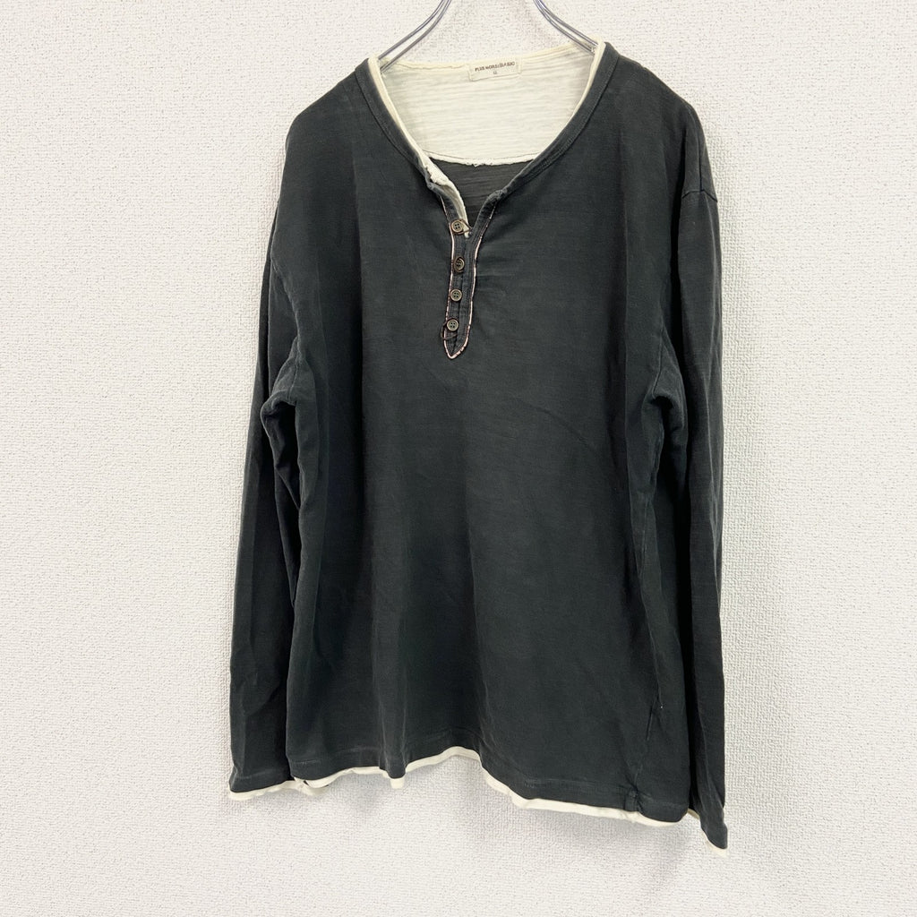 PLUS MORE BASIC　ヘンリーネック長袖Tシャツ/ロンT　黒　ブラック　LLサイズ