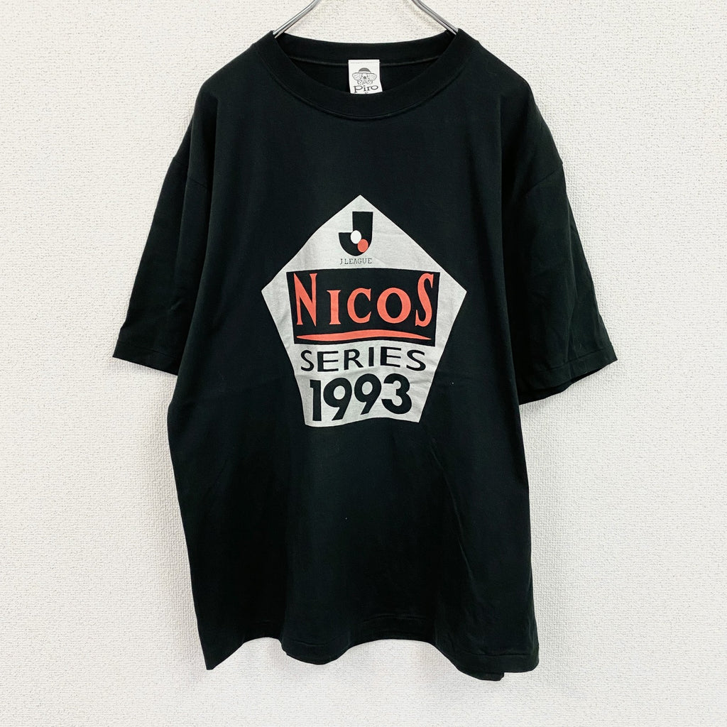 90s　piro　Jリーグ　NICOSシリーズ　半袖プリントTシャツ　シングルステッチ　黒　ブラック　Fサイズ