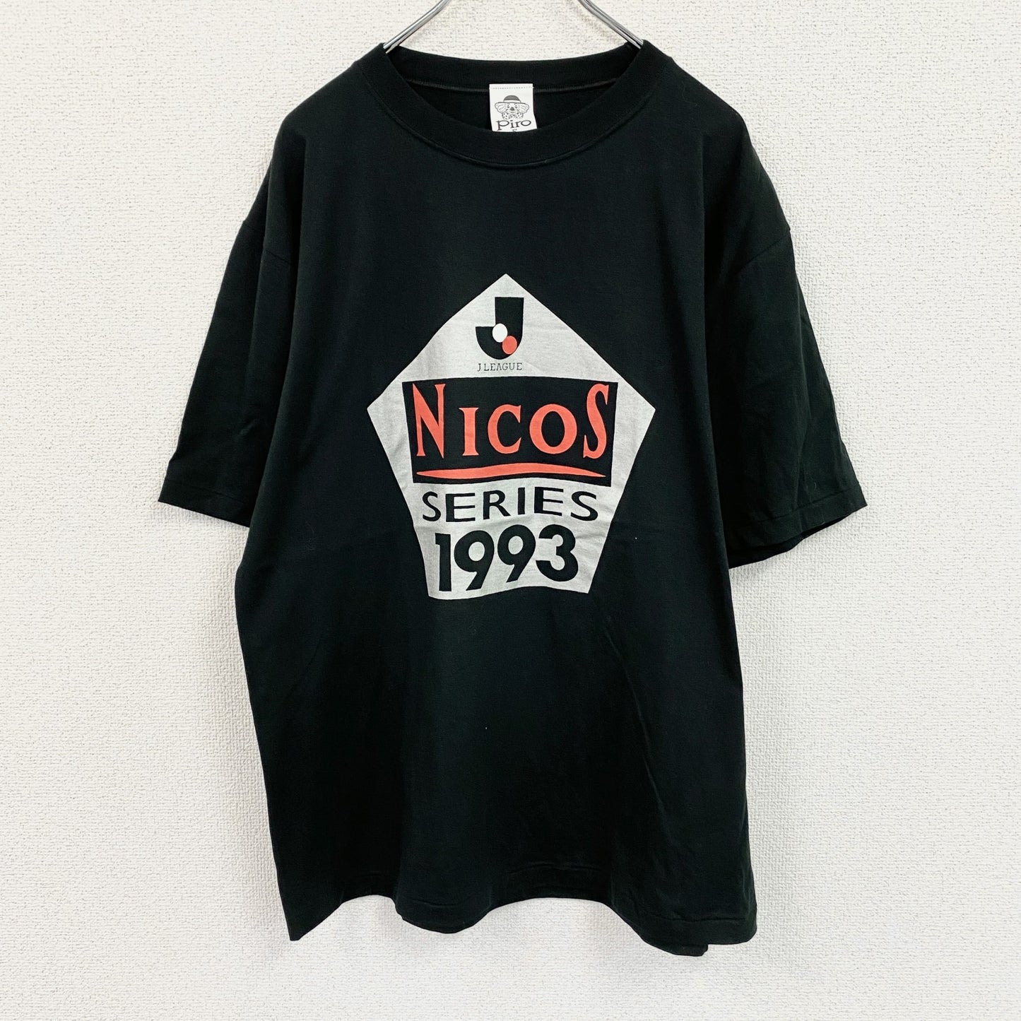 90s　piro　Jリーグ　NICOSシリーズ　半袖プリントTシャツ　シングルステッチ　黒　ブラック　Fサイズ