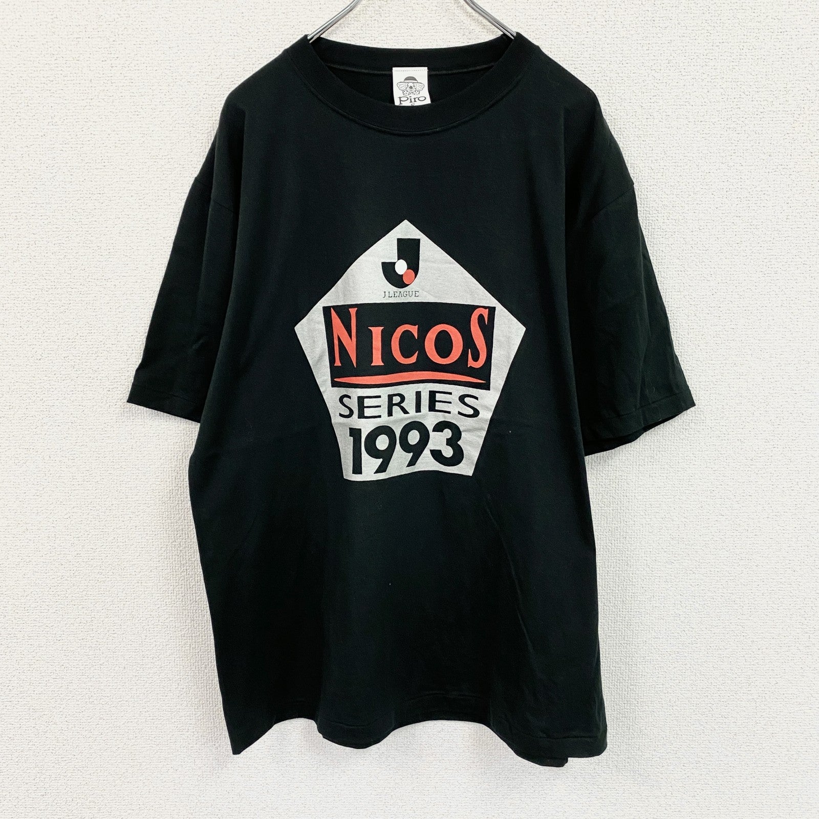 90s　piro　Jリーグ　NICOSシリーズ　半袖プリントTシャツ　シングルステッチ　黒　ブラック　Fサイズ