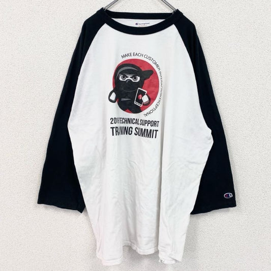 古着 used　champion　チャンピオン　七分丈プリントTシャツ　ラグラン　クルーネック　黒　白　ホワイト　XXXLサイズ　
