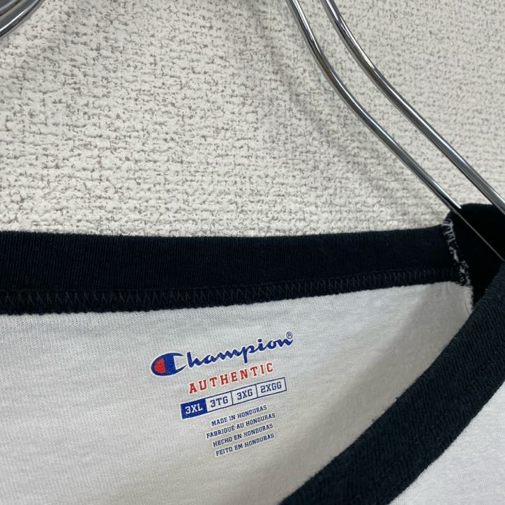 古着 used　champion　チャンピオン　七分丈プリントTシャツ　ラグラン　クルーネック　黒　白　ホワイト　XXXLサイズ　