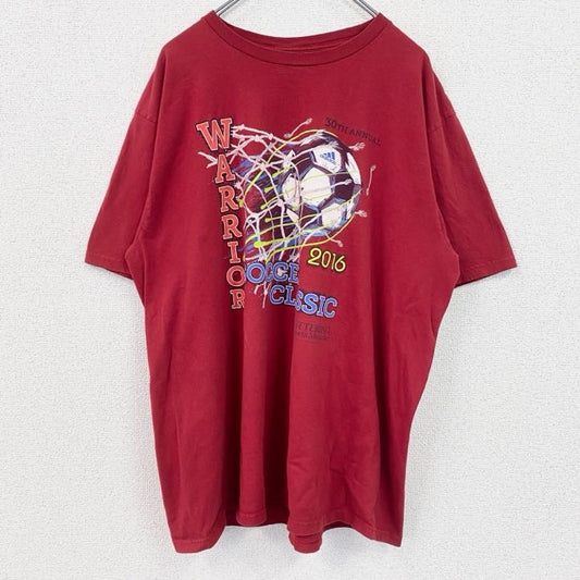 古着 used　adidas　アディダス　半袖プリントTシャツ　サッカーボール　クルーネック　赤　レッド　XLサイズ