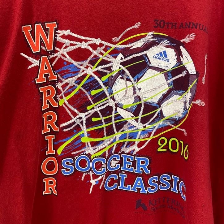古着 used　adidas　アディダス　半袖プリントTシャツ　サッカーボール　クルーネック　赤　レッド　XLサイズ