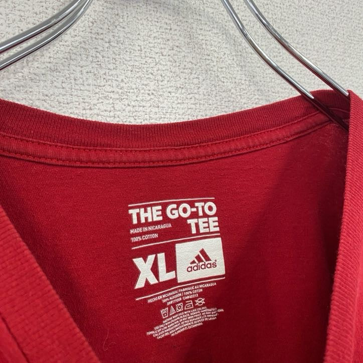 古着 used　adidas　アディダス　半袖プリントTシャツ　サッカーボール　クルーネック　赤　レッド　XLサイズ