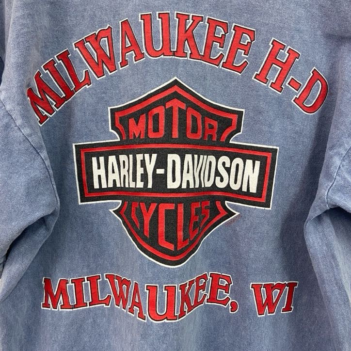 00s　HARLEY DAVIDSON　ハーレーダビッドソン　半袖プリントTシャツ　USA製　青　ブルー　Mサイズ