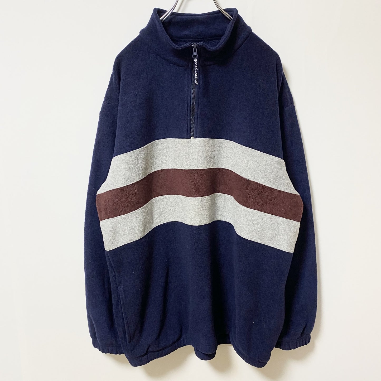 ～90s　BOCA CLASSICS　ハーフジップフリースプルオーバー　ライン　ハイネック　ネイビー　Lサイズ